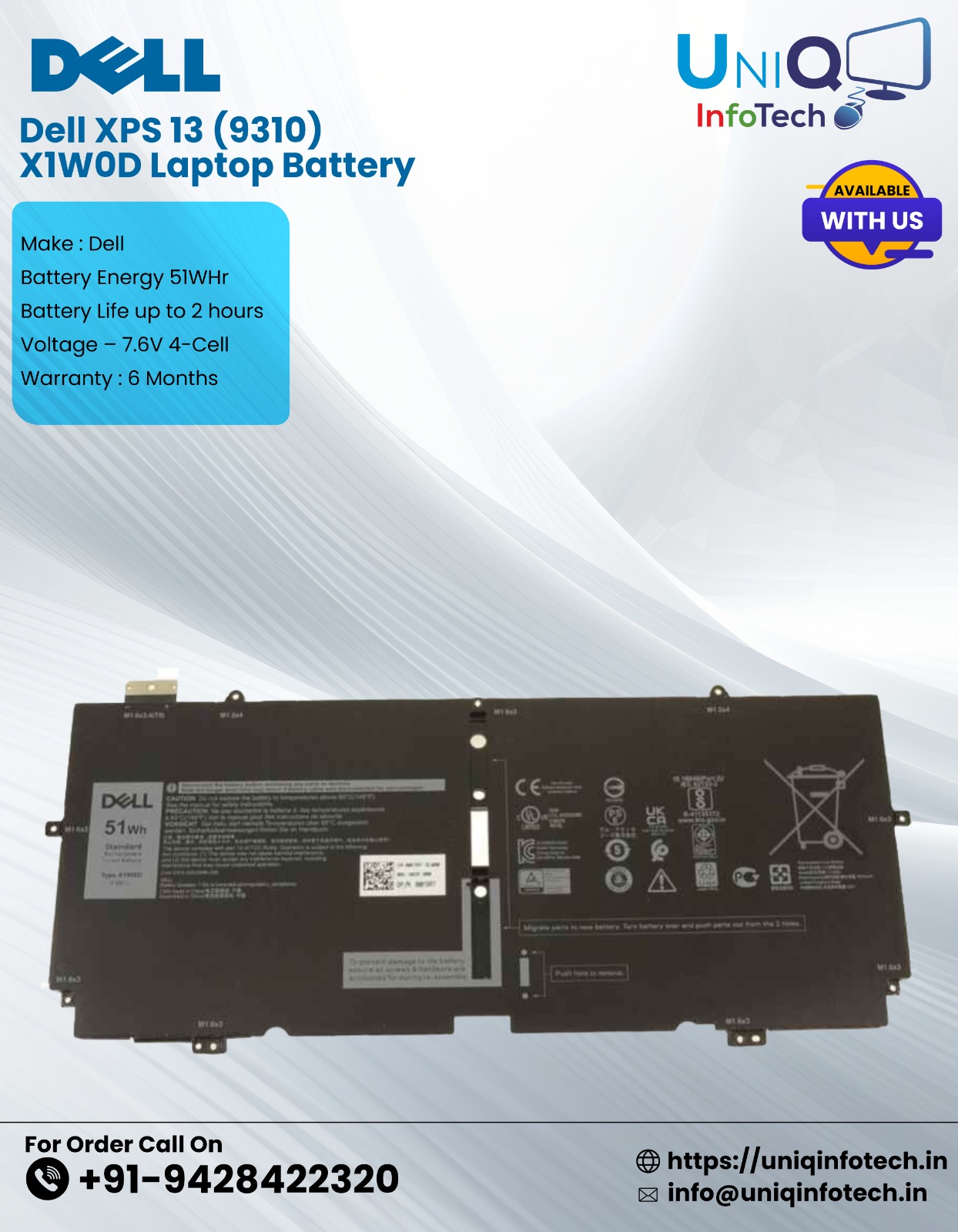 Dell Xps 13 (9310) X1W0D Laptop Battery