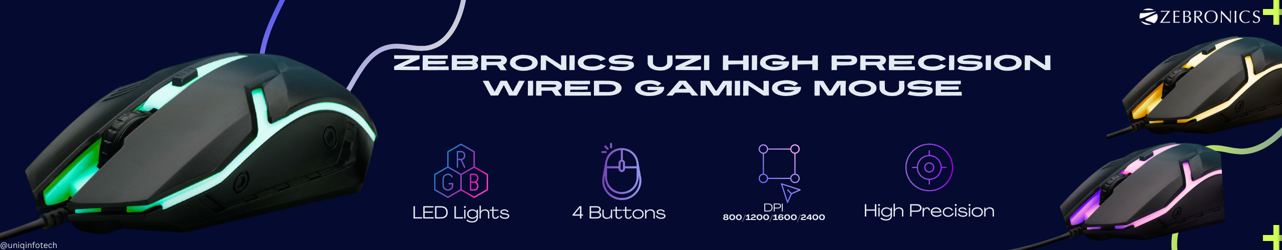 Zebronics Uzi High Precision Wired Gaming Mouse With 4 Buttons With Rainbow Led Lights