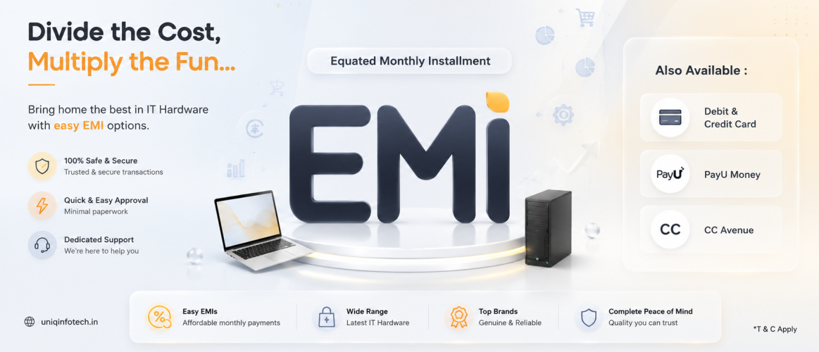 Premium Emi Banner For It Hardware Purchases At Uniq Infotech With Easy Monthly Installment Options.