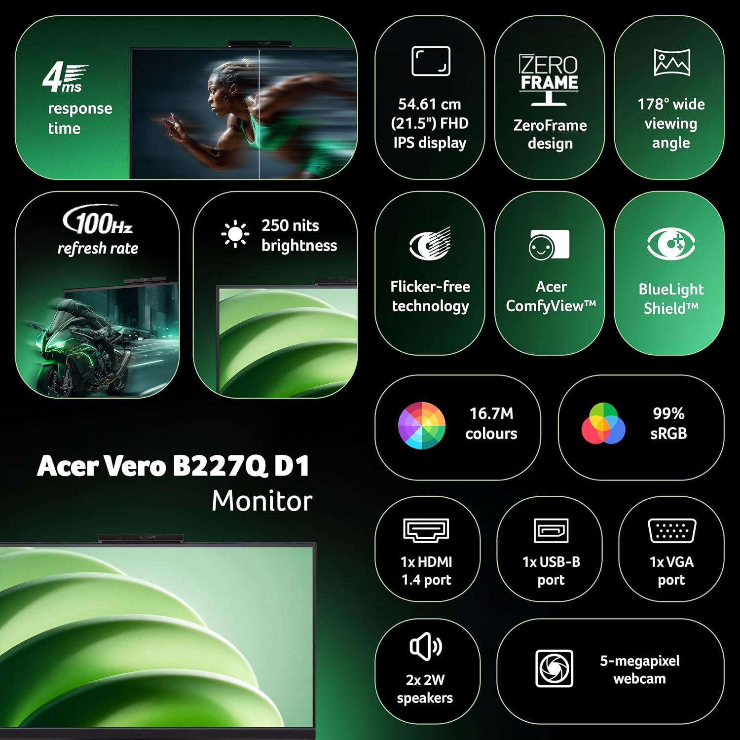 Acer B227Q D1 21.5 Inch Ips Full Hd Monitor With Webcam Ans Mic Support - Image 3