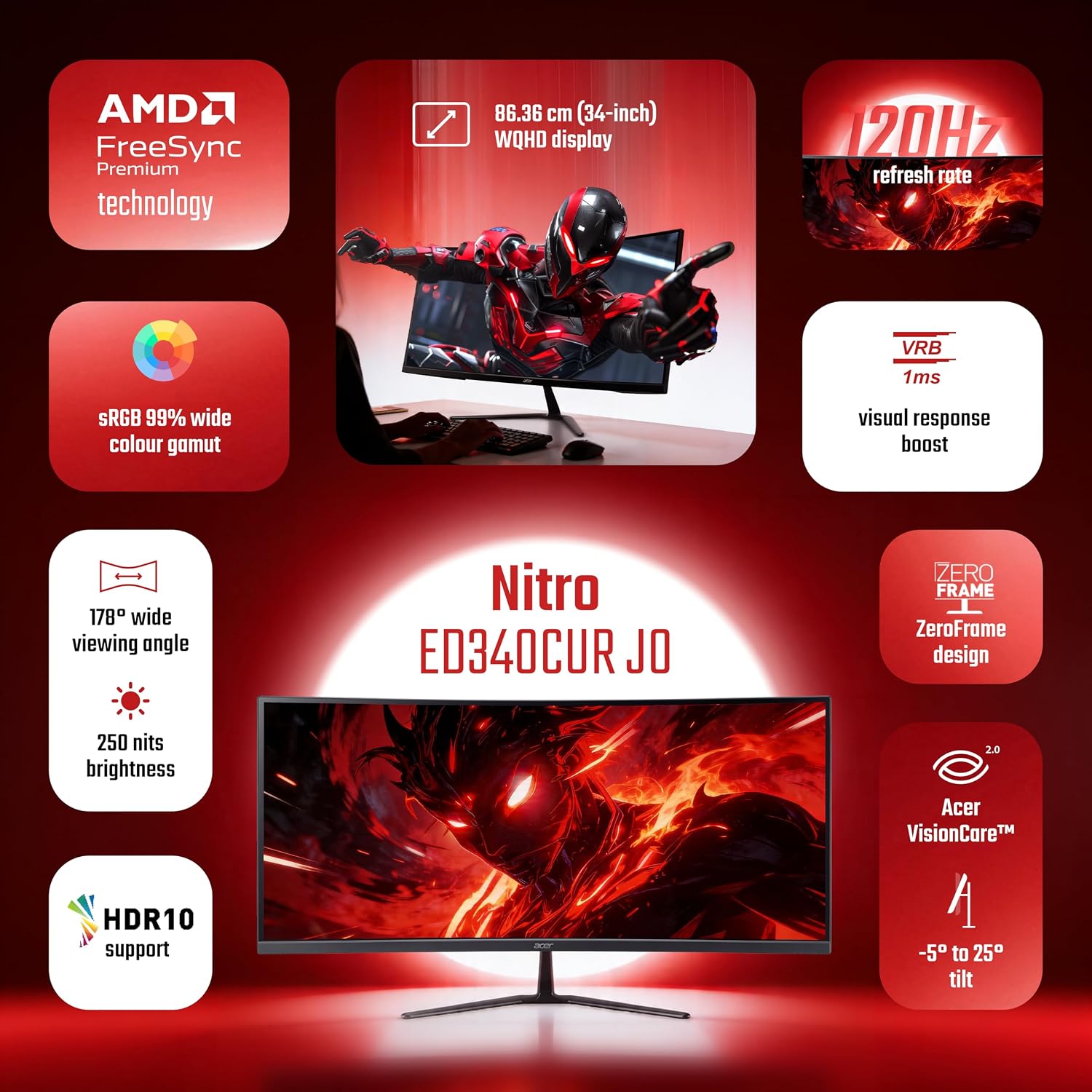 Acer Nitro Ed340Cur J0 34 Inch Uwqhd Curved Gaming Monitor - Image 2