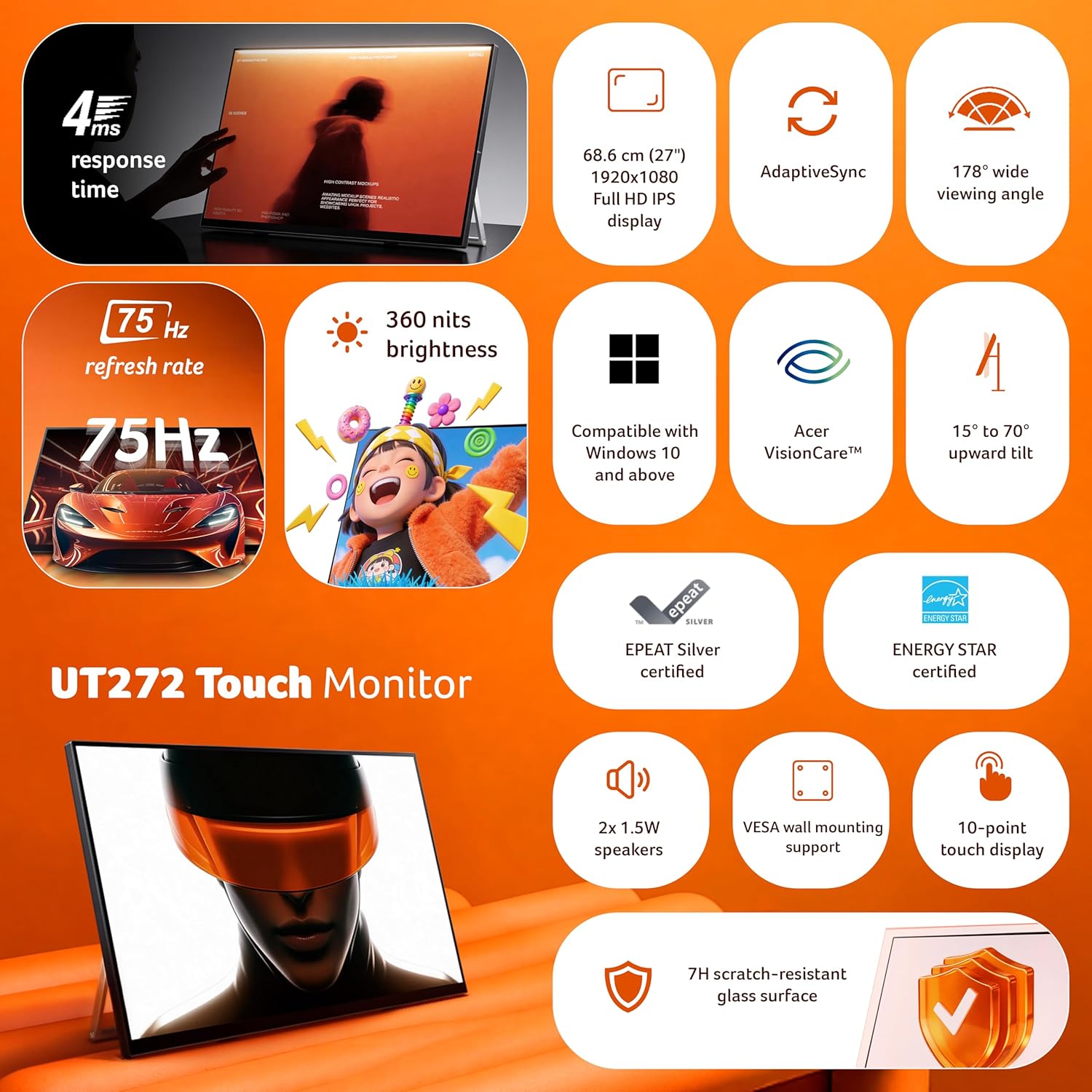 Acer Ut272Q 27 Inch Full Hd Ips 10-Point Touch Screen Monitor - Image 3